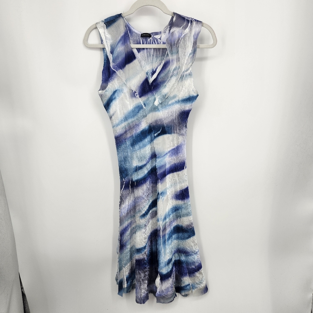Komarov sleeveless midi dress V-neckline Crinkle Blue White Purple Sz S